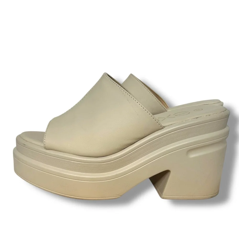 EXE TM 403 Wedge‎ Heel Platform Sandals Beige Size 38 Slip On Open Toe Chunky